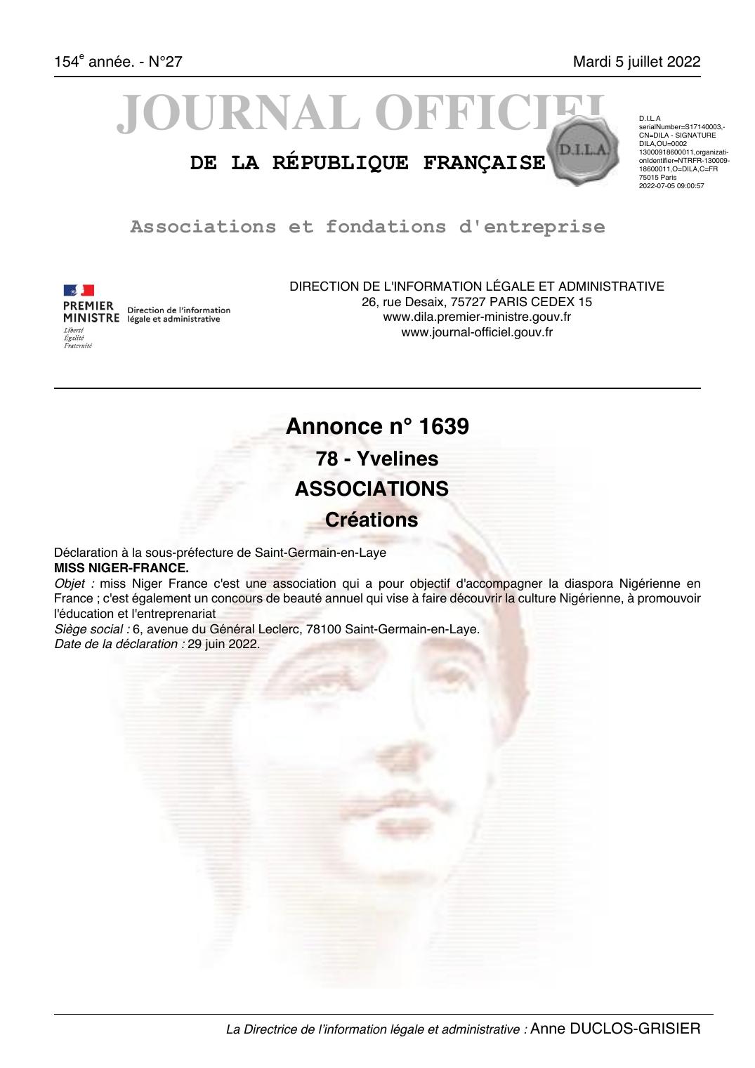 Première page de l'annonce de création de l'association MISS NIGER-FRANCE publiée au Journal officiel le 5 juillet 2022.